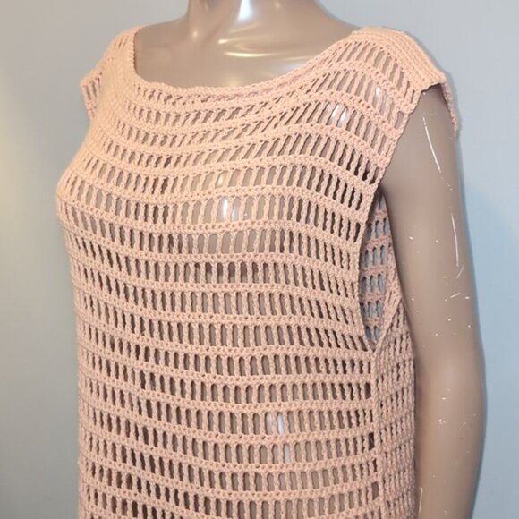 3/$20 Peach Crochet Shell Dress Beach Swim Cover Up Cap Sleeve Sheath Boat Neck - Picture 3 of 11